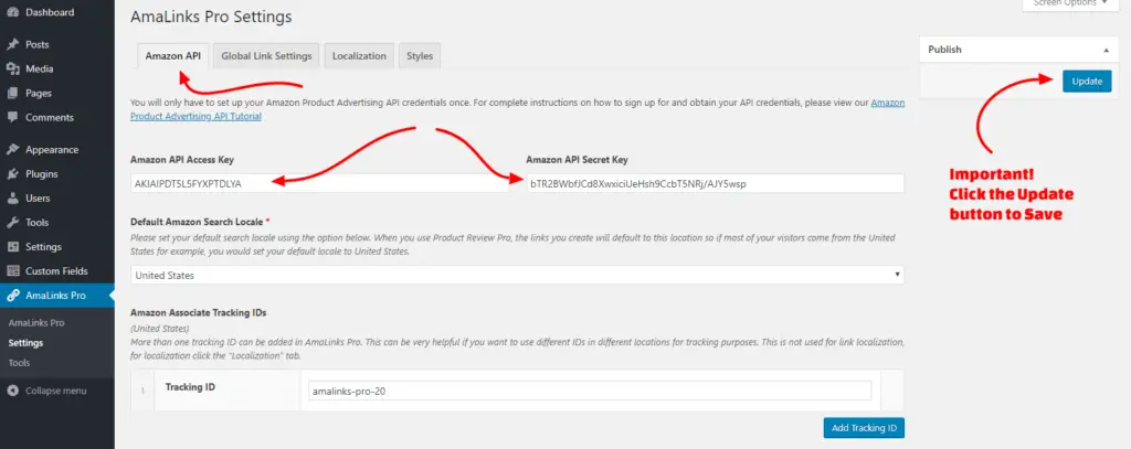 Access Keys to AmaLinks Pro Settings