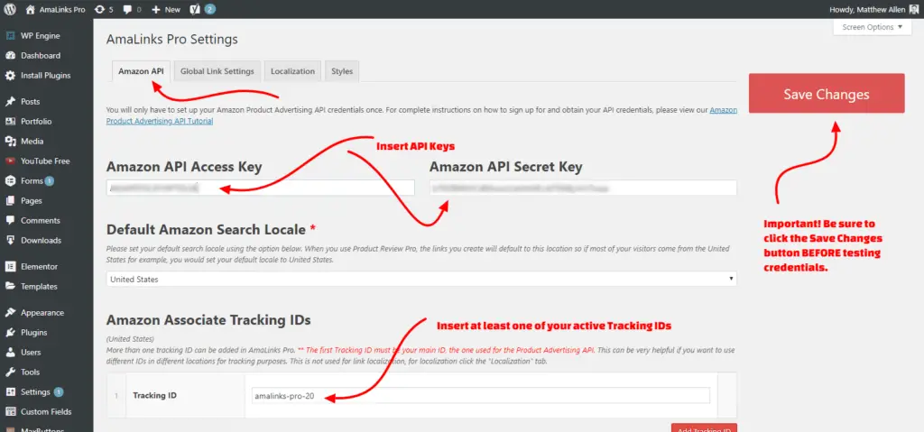 Amazon Access Keys to AmaLinks Pro Settings